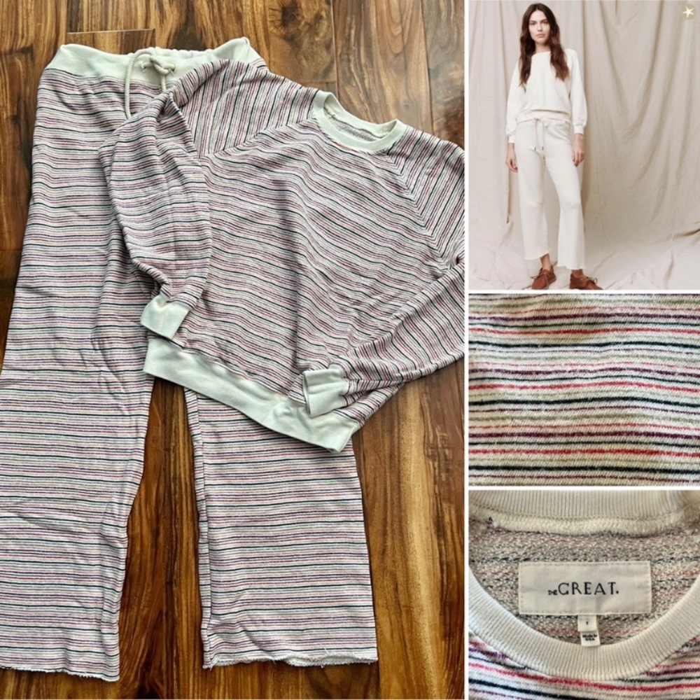 THE GREAT. Striped Lounge Set in Cream and Gray